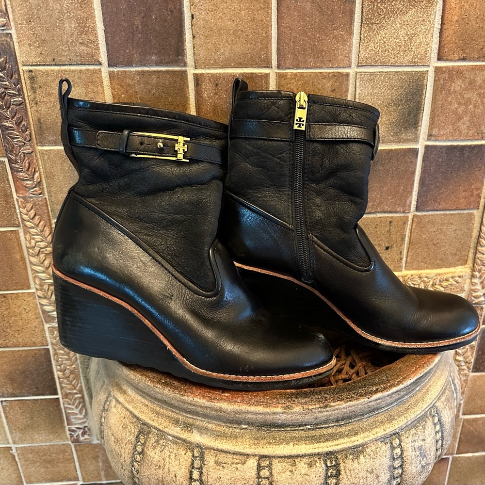 As Is! Tory Burch black wedge ankle boot in leather & suede gold metal accents.